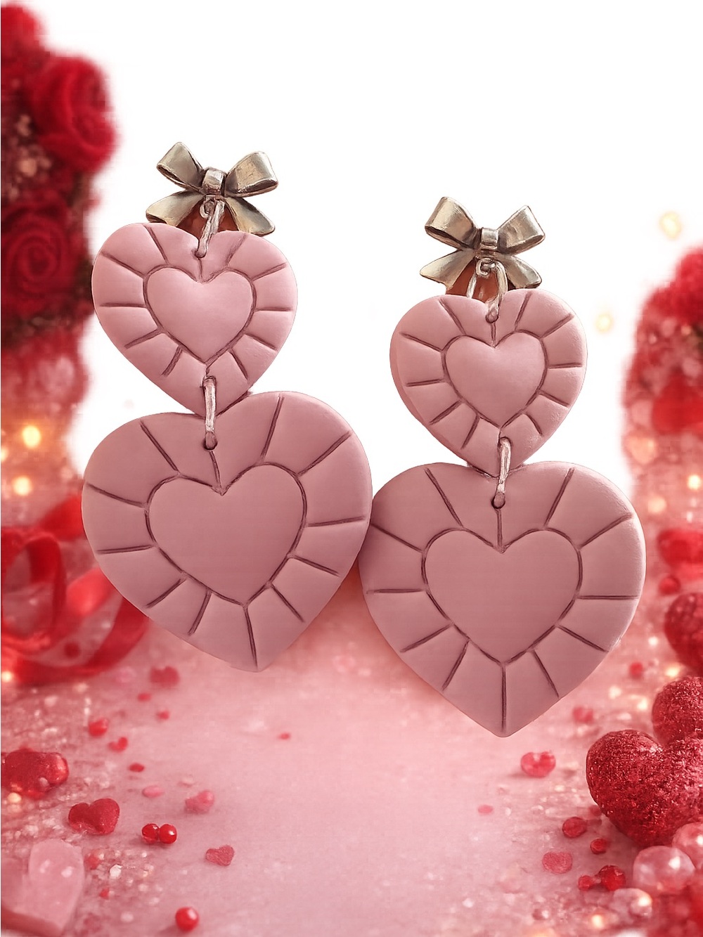 Pink Heart Drop Handmade Polymer Clay Earrings with Bow Accent - Women Jewelry